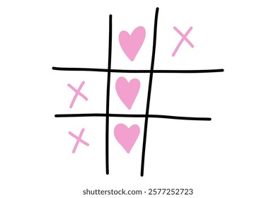 Tic tac toe with heart and cross doodle. Won your heart. Hand drawn sketch Valentines Day tic tac toe game. X-O love game. Win in tictactoe. Vector doodle illustration isolated on white background.