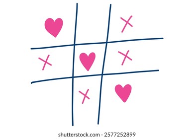 Tic tac toe with heart and cross doodle. Won your heart. Hand drawn sketch Valentines Day tic tac toe game. X-O love game. Win in tictactoe. Vector doodle illustration isolated on white background.