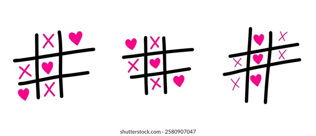 Tic tac toe with heart and cross doodle. You Won my heart. Hand drawn sketch Valentines Day tic tac toe game. X-O love game. Win in tictactoe. Vector doodle illustration isolated on white background.