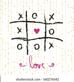 Tic Tac Toe With Heart Valentines Day Card With Gold Confetti In The Background