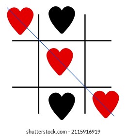 Tic tac toe with hearts. Black and red. Valentines card. Cartoon art. Romantic concept. Vector illustration. Stock image. 