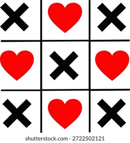 Tic Tac Toe mit Herzen und Kreuzen, flacher Minimalvektor, roter schwarzer Ton