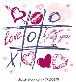 Tic Tac Toe Hearts, Valentine background. The valentine's day. Love heart. Hand-drawn icons symbols. Art vector illustration.  Print for textile.