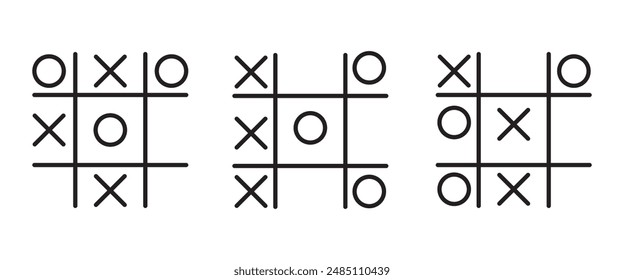 Conjunto de iconos de tac-toe. Juego de cruces y garrapatas en negro, símbolo del juego O X. Ilustración vectorial aislada sobre fondo blanco,