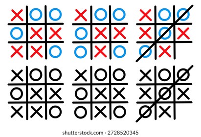 Tic tac toe icono establecido en estilo de contorno limpio. Símbolos de juego X y O dibujados a mano en versiones negras y coloridas. Iconos de línea de Vector mínimos aislados
