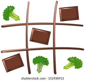 Tic Tac Toe with pieces of chocolate and broccoli. Chocolate wins. Isolated vector on white background.