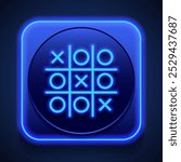 Tic tac toe simple icon. Flat design. Blue neon style on button. With shadow.ai