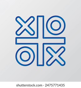 Tic tac toe simple icon vector. Flat design. Paper cut design. Cutted blue symbol with shadow. Gray background.ai