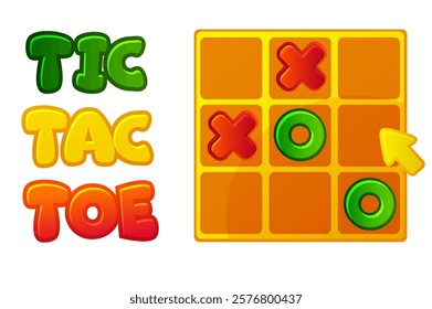 TIC TAC TOE UI with arow cursor. Board logic game for your game development UI. Vector cartoon strategy game noughts and crosses,