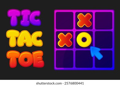 TIC TAC TOE UI with arow cursor. Vector cartoon strategy game noughts and crosses. Board logic game for your game development UI