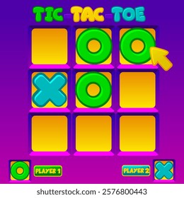 TIC TAC TOE UI with arow cursor. Board logic game for your game development UI. Vector cartoon strategy game noughts and crosses,