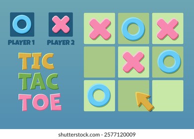 TIC TAC TOE UI with arow cursor. Board logic game for your game development UI. Vector strategy game noughts and crosses,