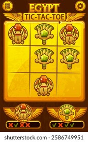 TIC TAC TOE UI in Egyptian themed. Egyptian icons- Scarab and lotus. Board logic game for your game development UI. Vector strategy game noughts and crosses