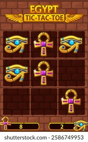 TIC TAC TOE UI in Egyptian themed. Board logic game for your game development UI. Vector strategy game noughts and crosses