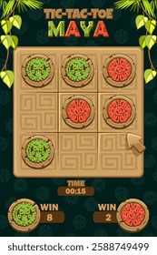 TIC TAC TOE UI in Maya or Aztec themed with lianas. Cartoon Board logic game for your game development UI. Vector strategy game noughts and crosses