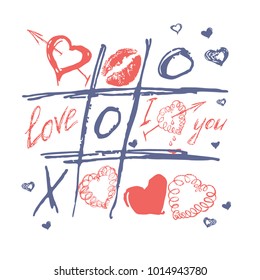 Tic tac toe, valentines day love background. Hand drawn cross-zero game with doodle heart, arrows and lips, color vector illustration. Romantic happy holiday design