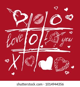 Tic tac toe, valentines day, red white love sketch. Hand drawn cross-zero game with doodle heart, arrows and lips, color vector illustration. Romantic happy holiday design