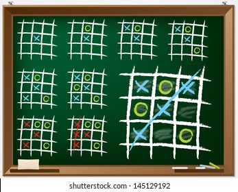 Tic tac toe variations drawn on chalkboard