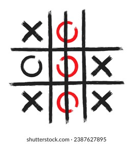 Tic tac toe xo Spiel handgezeichnet Gitterdoodle Vorlage Vektorgrafik einzeln auf weißem Hintergrund. Dirty grunge Linie tic Zehenspielsymbolen.