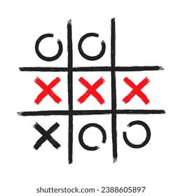 Tic tac toe xo game hand drawn grid doodle template vector illustration isolated on white background. Dirty grunge line tic tac toe game symbols.