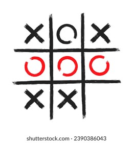 Tic tac toe xo game hand drawn grid doodle template vector illustration isolated on white background. Dirty grunge line tic tac toe game symbols.