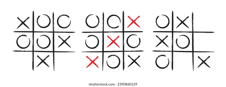 Tic tac toe xo Spiel handgezeichnet Gitterdoodle Vorlage Vektorgrafik Set einzeln auf weißem Hintergrund. Dirty grunge Linie tic Zehenspielsymbolen Sammlung.