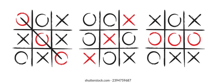 Tic tac toe xo Spiel handgezeichnet Gitterdoodle Vorlage Vektorgrafik Set einzeln auf weißem Hintergrund. Dirty grunge Linie tic Zehenspielsymbolen Sammlung.