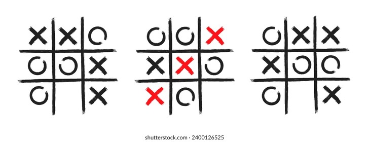 Tic tac toe xo Spiel handgezeichnet Gitterdoodle Vorlage Vektorgrafik Set einzeln auf weißem Hintergrund. Dirty grunge Linie tic Zehenspielsymbolen Sammlung.