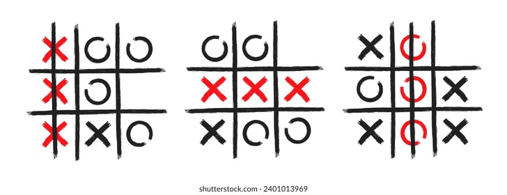 Tic tac toe xo game hand drawn grid doodle template vector illustration set isolated on white background. Dirty grunge line tic tac toe game symbols collection.