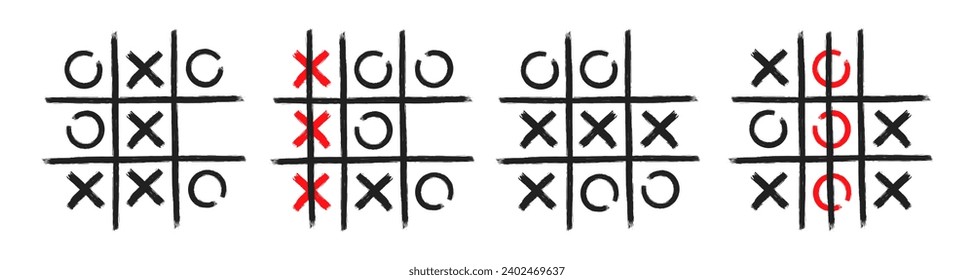 Tic tac toe xo game hand drawn grid doodle template vector illustration set isolated on white background. Dirty grunge line tic tac toe game symbols collection.