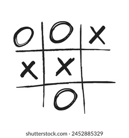 Tic Tac Toe Xo Game, handgezeichnete Doodle Grid Vorlage mit X- und O-Symbolen auf weißem Hintergrund