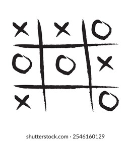 Tic tac toe xo game hand drawn grid doodle template vector illustration isolated on white background. Dirty grunge line tic tac toe game symbols.