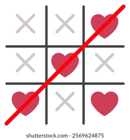 Tic tac toe XO game with red hearts and crosses on a completed board, designed with a cute vector style, symbolizing love and affection, for Valentine's Day designs, isolated on a white background
