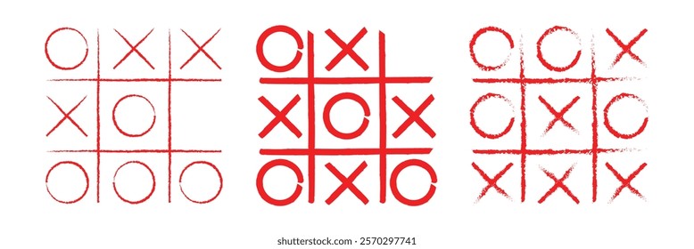 Tic tac toe xo game hand drawn grid doodle template vector illustration isolated on white background. Dirty grunge line tic tac toe game symbols. Eps 10.