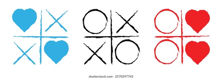 Tic tac toe xo game hand drawn grid doodle template vector illustration isolated on white background. Dirty grunge line tic tac toe game symbols. Eps 10.