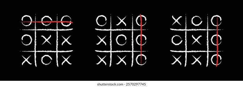 Tic tac toe xo game hand drawn grid doodle template vector illustration isolated on white background. Dirty grunge line tic tac toe game symbols. Eps 10.