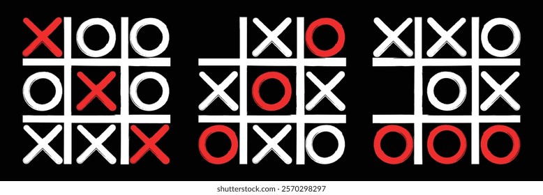 Tic tac toe xo game hand drawn grid doodle template vector illustration set isolated background. Game tic tac toe icon.