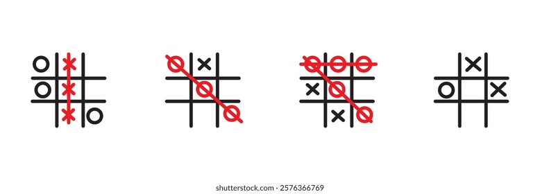 Tic tac toe xo game hand drawn grid doodle template vector illustration set isolated on white background