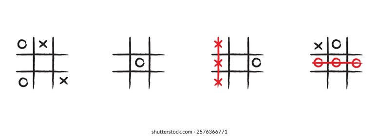 Tic tac toe xo game hand drawn grid doodle template vector illustration set isolated on white background