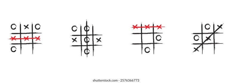 Tic tac toe xo game hand drawn grid doodle template vector illustration set isolated on white background