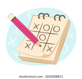 Tic Tac Toe or XO Game on Notepad Paper with Pencil for Strategy and Competition Concept Illustration Clip Art 