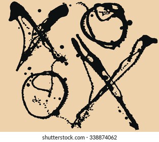 Tic Tac Toe XO game. Splatter Black Ink Background. Hand Drawn Spray Blots and Splashes Paint Vector Illustration. Grunge ink stains template for design of logotypes, banners and posters.