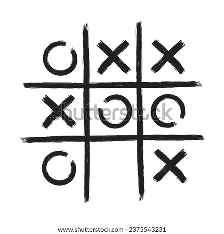 Tic tac toe xo game hand drawn grid doodle template vector illustration isolated on white background. Dirty grunge line tic tac toe game symbols.