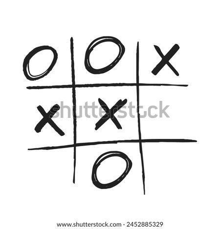 Tic Tac Toe Xo Game, Hand Drawn Doodle Grid Template With X And O Symbols Isolated On White Background