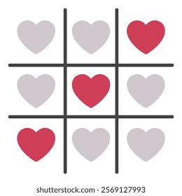 Tic tac toe or xoxo game with hearts in a grid pattern, love and fun, design in red colors with cute vector style for Valentine's Day, featuring affection and romance, isolated on a white background