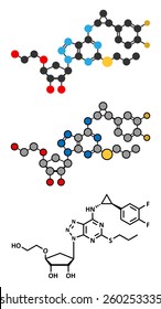 Ticagrelor platelet inhibitor drug. Used to prevent thrombosis. Stylized 2D renderings and conventional skeletal formula. 