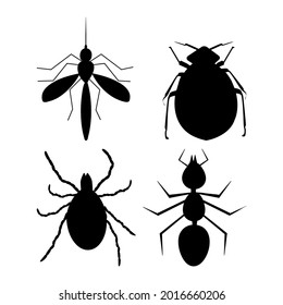 Silueta negra de garrapatas, hormigas, pulgas y mosquitos aislada en fondo blanco.Icono de conjunto de insectos dañinos.Colección de pictogramas de formas simples de escarabajos.Etiqueta de servicio de insectos de control de plagas.Ilustración vectorial de material