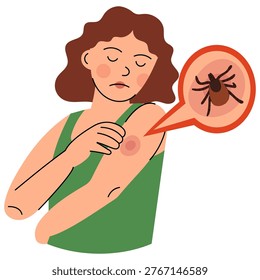 Tick Bite on Human Skin. Flat vector illustration of woman with tick bite and irritation, Lyme disease risk concept. Perfect for healthcare, medical education and outdoor safety design.