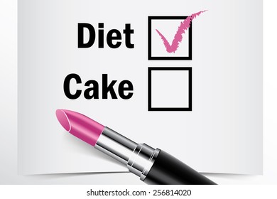 Tick box with lipstick, Diet or Cake concept of woman choice vector