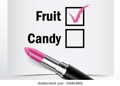 Tick box with lipstick, Fruit or Candy concept of woman choice vector